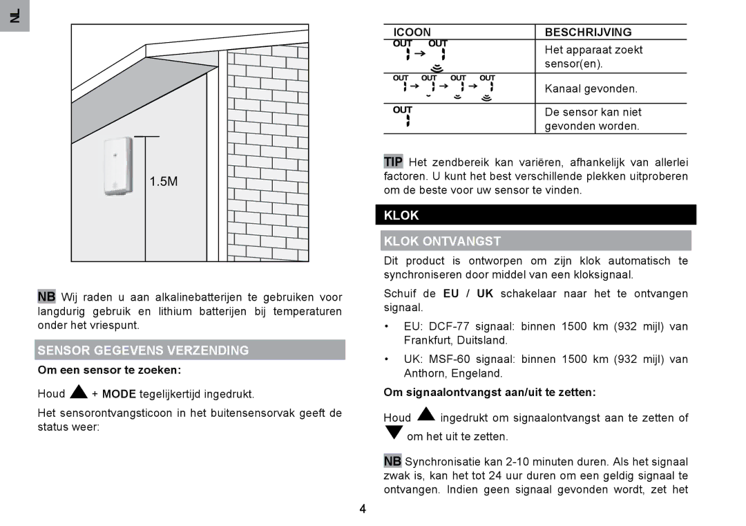 Oregon Scientific RMR203HG Sensor Gegevens Verzending, Klok Klok Ontvangst, Om een sensor te zoeken, Icoon Beschrijving 