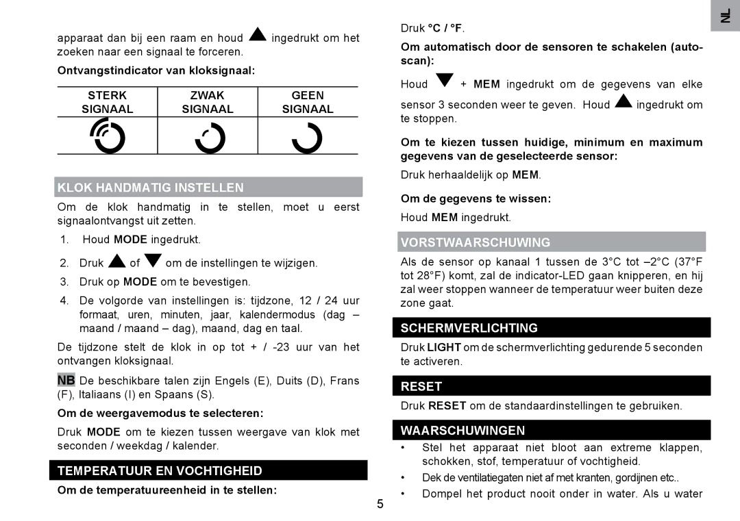 Oregon Scientific RMR203HG Klok Handmatig Instellen, Temperatuur EN Vochtigheid, Vorstwaarschuwing, Schermverlichting 