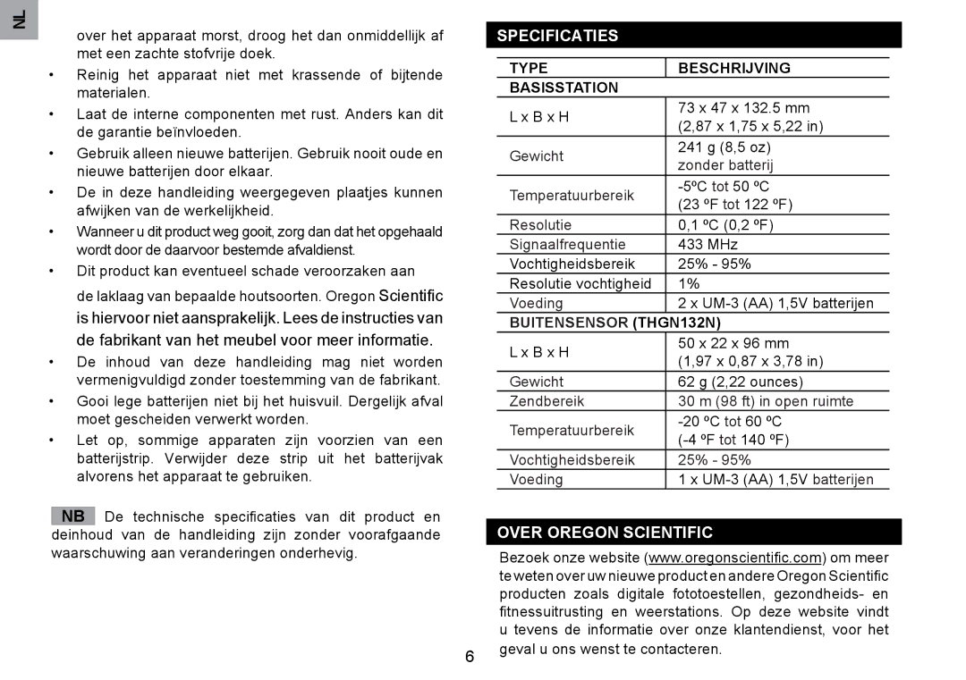 Oregon Scientific RMR203HG user manual Specificaties, Over Oregon Scientific, Type Beschrijving Basisstation 