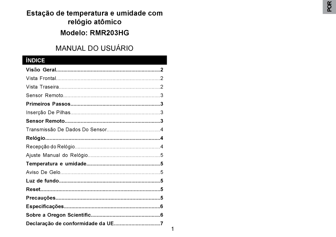 Oregon Scientific RMR203HG user manual Manual do Usuário, Índice 