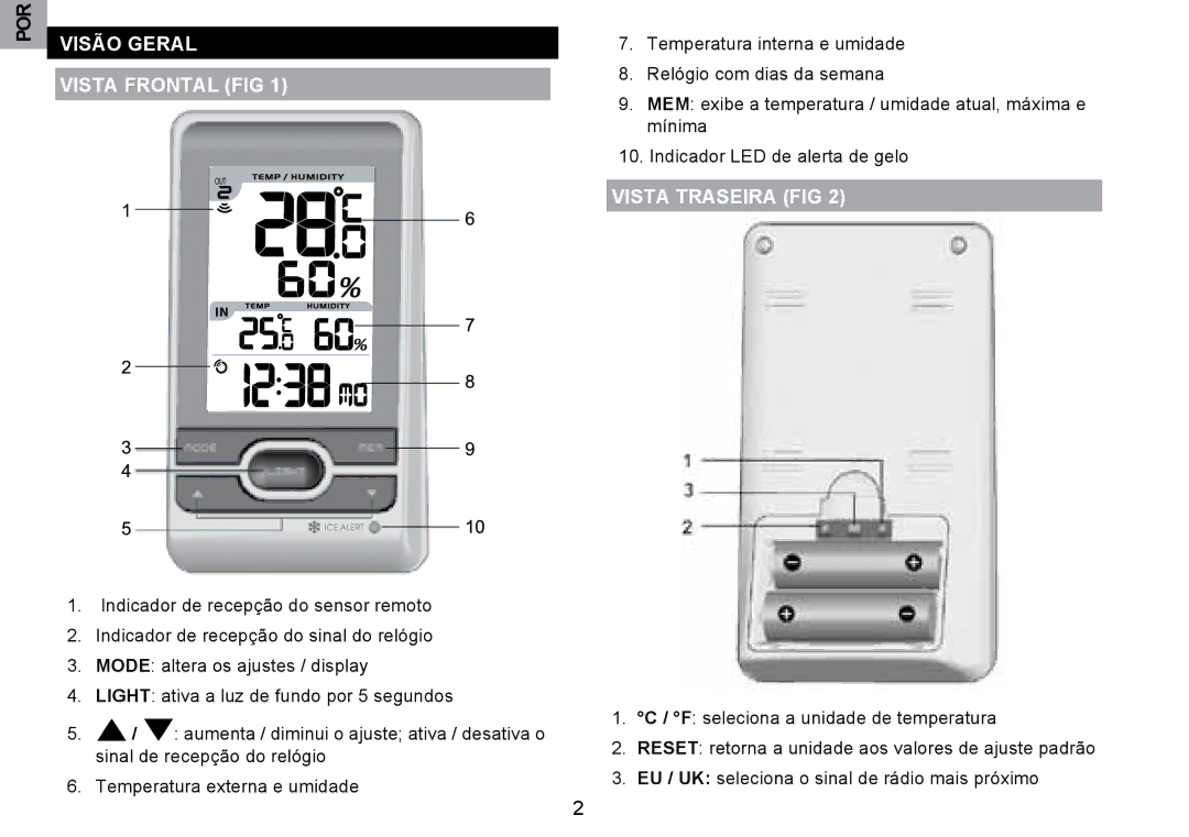 Oregon Scientific RMR203HG user manual Visão Geral Vista Frontal FIG, Vista Traseira FIG 