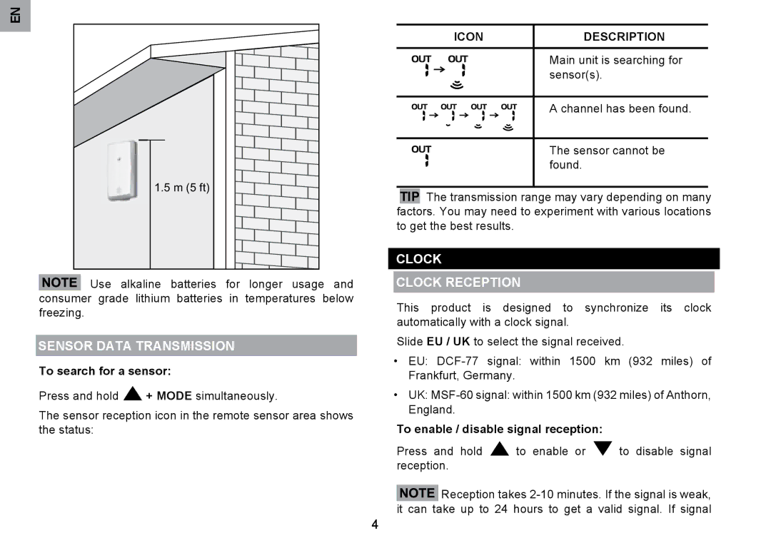 Oregon Scientific RMR203HG Sensor Data Transmission, Clock Clock Reception, To search for a sensor, Icon Description 