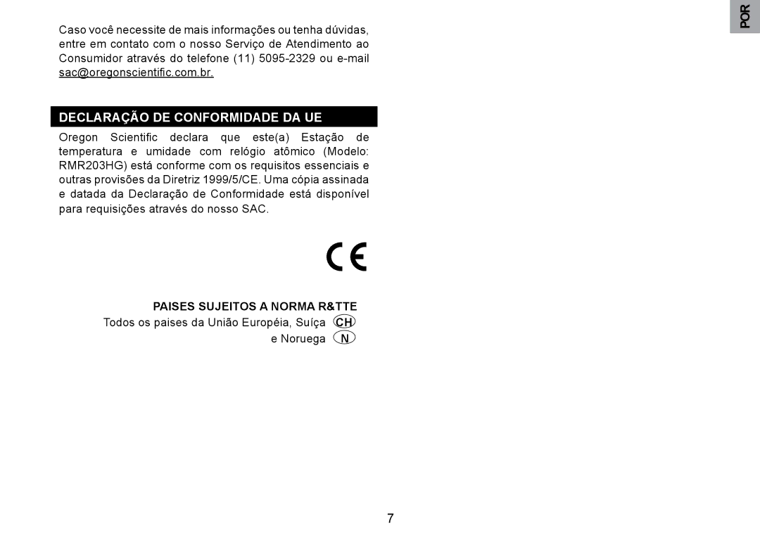 Oregon Scientific RMR203HG user manual Declaração DE Conformidade DA UE, Paises Sujeitos a Norma R&TTE, Noruega 