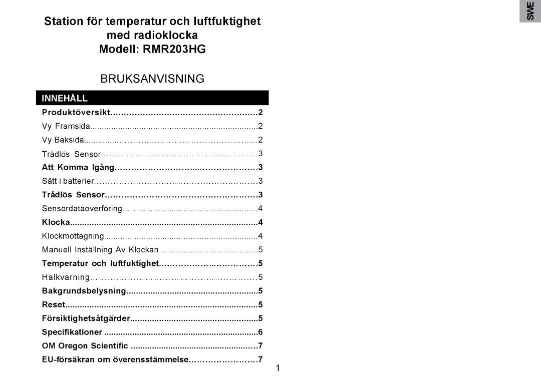 Oregon Scientific RMR203HG user manual Innehåll, Swe 