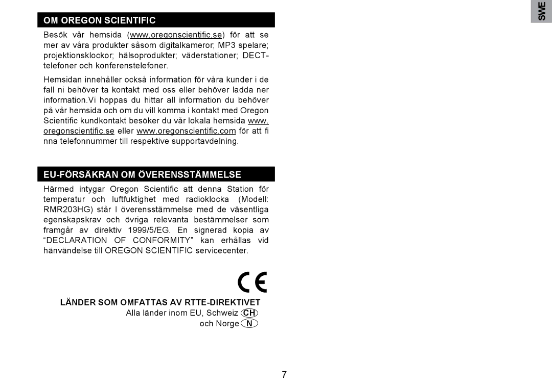 Oregon Scientific RMR203HG user manual OM Oregon Scientific EU-FÖRSÄKRAN OM Överensstämmelse 