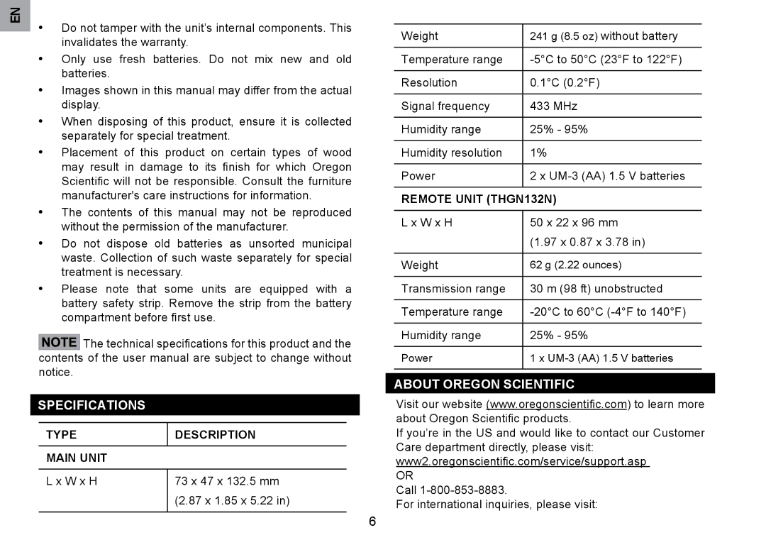 Oregon Scientific RMR203HG Specifications, About Oregon Scientific, Type Description Main Unit, Remote Unit THGN132N 