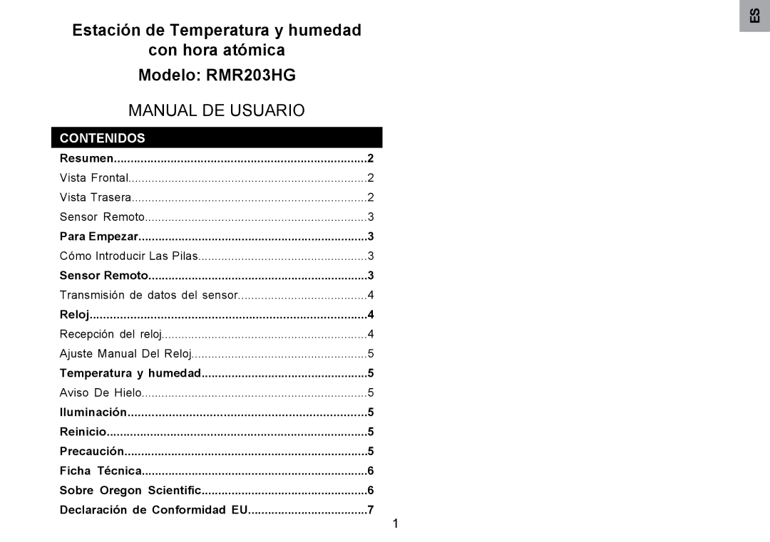 Oregon Scientific RMR203HG user manual Manual DE Usuario, Contenidos 