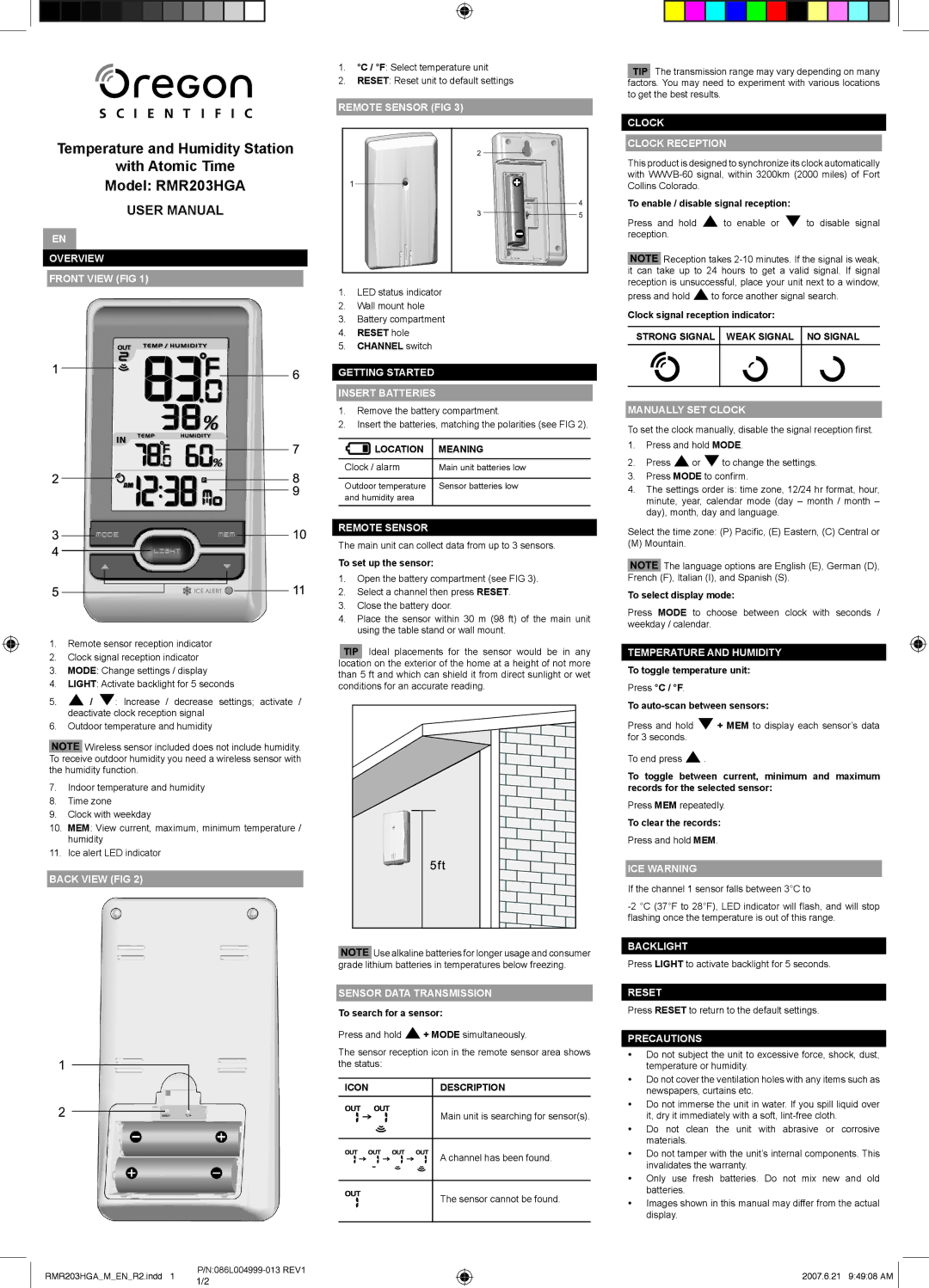 Oregon Scientific RMR203HGA user manual Overview Front View FIG, Back View FIG, Remote Sensor FIG, Clock Clock Reception 