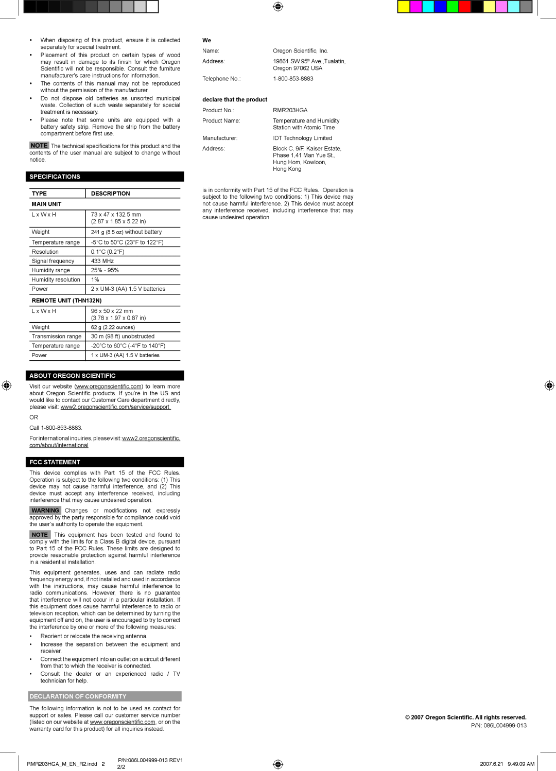 Oregon Scientific RMR203HGA Specifications, Type, Description, Main Unit, REMOTE UNIT THN132N, About Oregon Scientific 