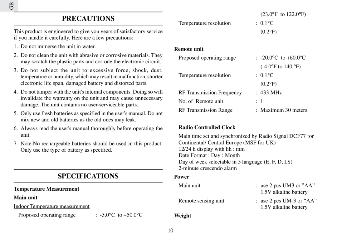 Oregon Scientific RMR232PHN, RMR232PHU user manual Precautions, Specifications 