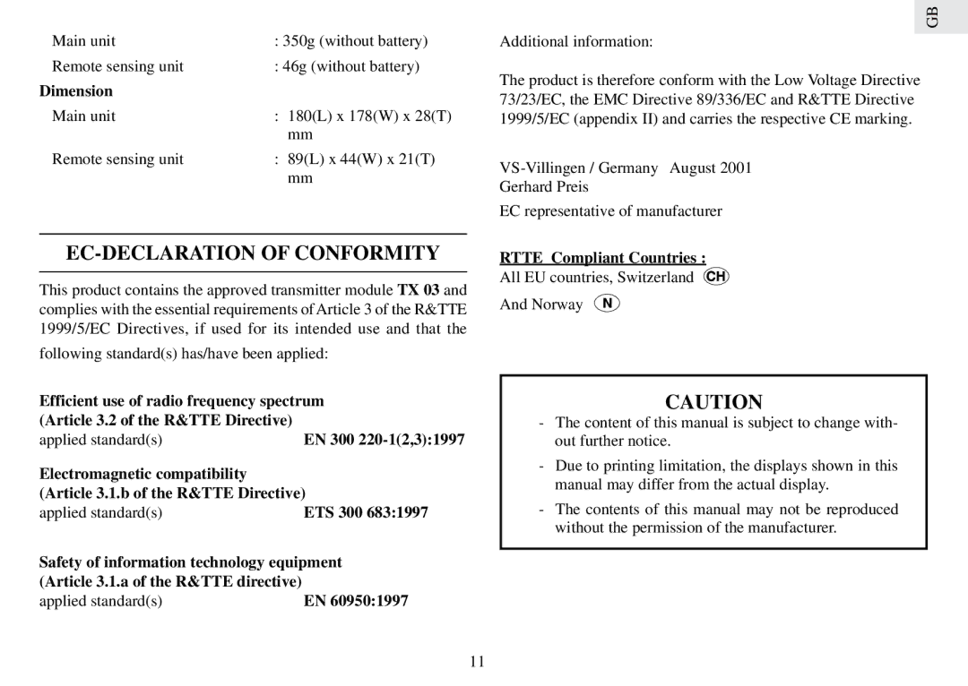 Oregon Scientific RMR232PHU EC-DECLARATION of Conformity, Article 3.1.a of the R&TTE directive Applied standards 