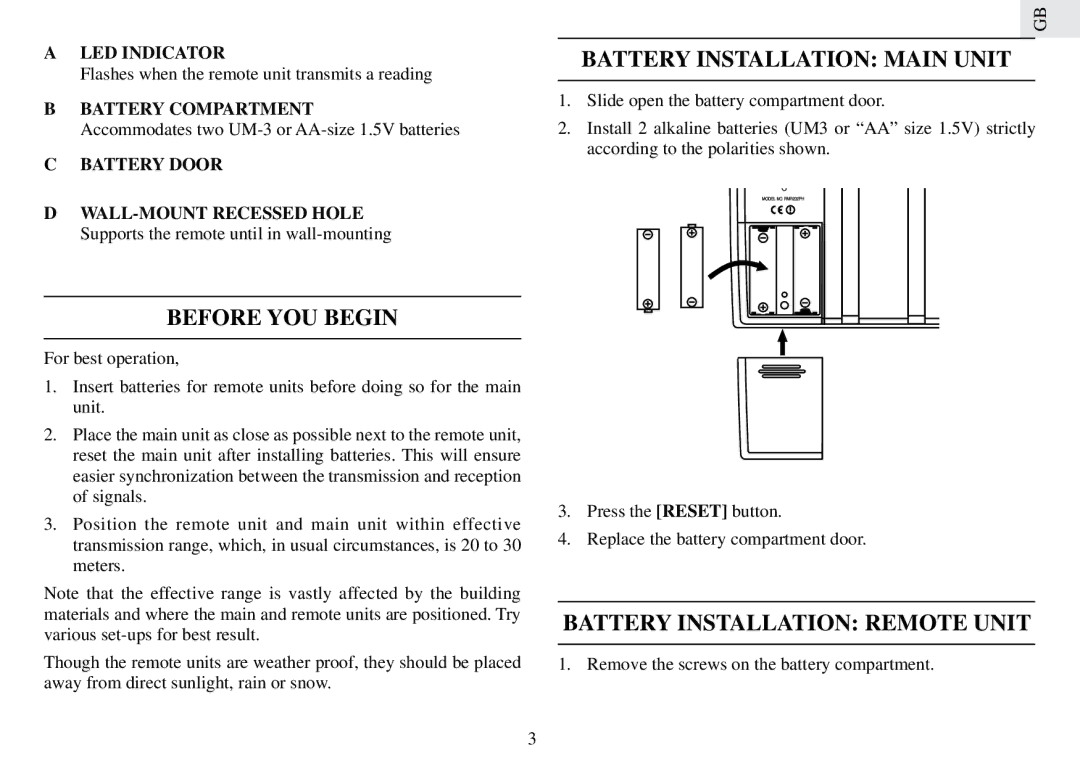 Oregon Scientific RMR232PHU, RMR232PHN Battery Installation Main Unit, Before YOU Begin, Battery Installation Remote Unit 