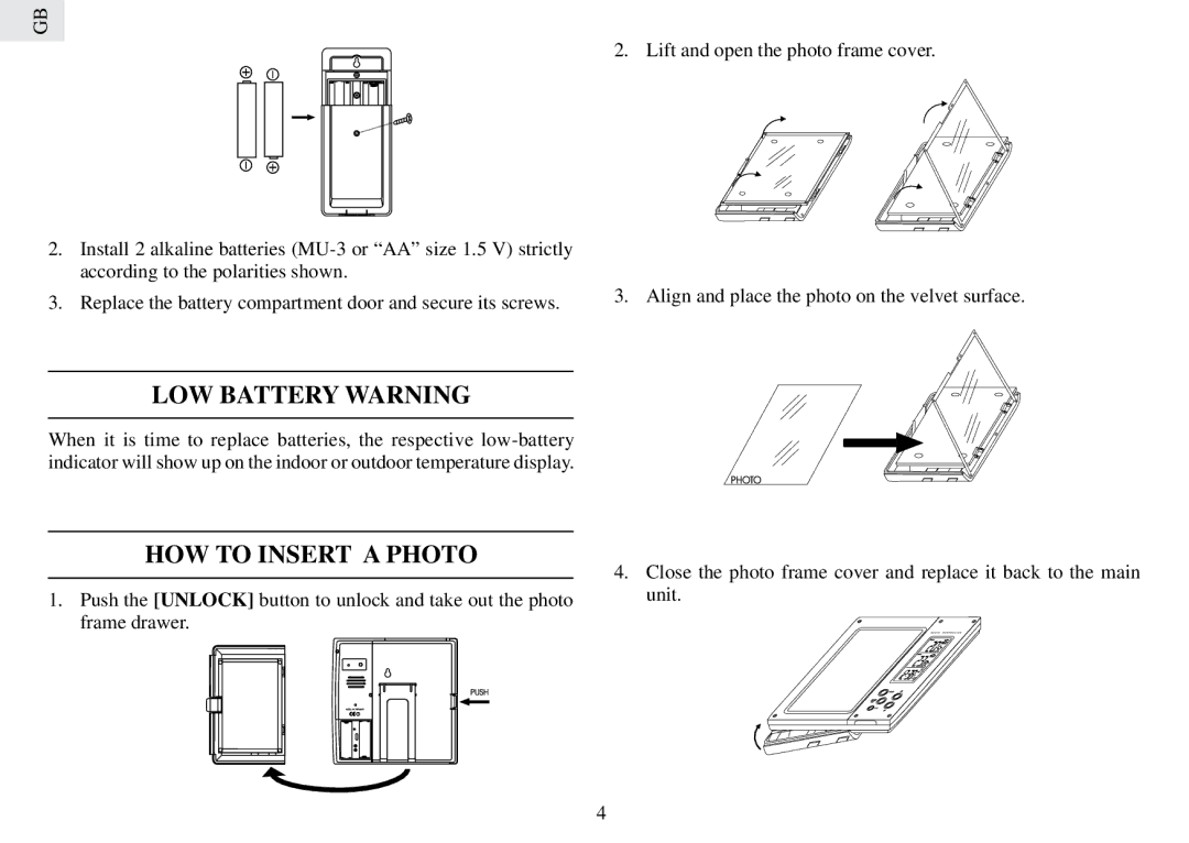 Oregon Scientific RMR232PHN, RMR232PHU user manual LOW Battery Warning, HOW to Insert a Photo 