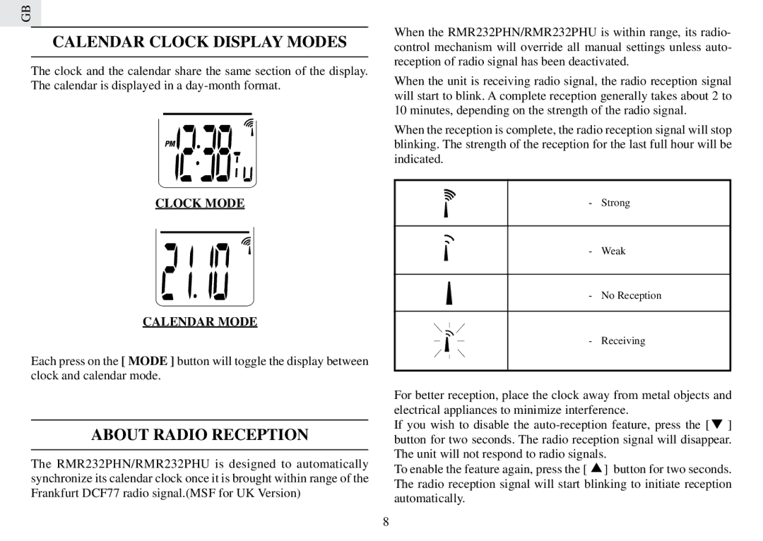 Oregon Scientific RMR232PHN, RMR232PHU user manual Calendar Clock Display Modes, About Radio Reception 