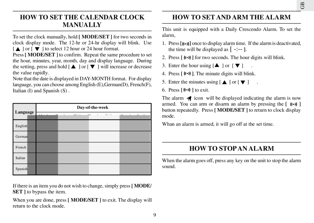 Oregon Scientific RMR232PHU HOW to SET the Calendar Clock Manually, HOW to SET and ARM the Alarm, HOW to Stop AN Alarm 