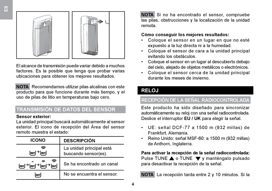 Oregon Scientific RMR329P user manual Transmisión DE Datos DEL Sensor, Reloj, Icono Descripción 