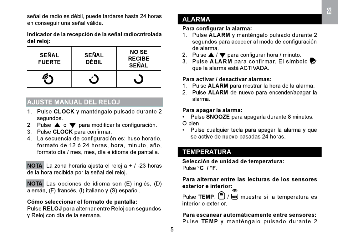 Oregon Scientific RMR329P user manual Ajuste Manual DEL Reloj, Alarma, Temperatura, Señal No SE Recibe Fuerte Débil 