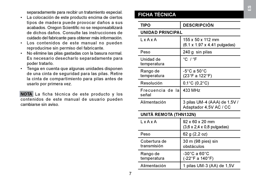 Oregon Scientific RMR329P Ficha Técnica, Separadamente para recibir un tratamiento especial, Unità Remota THN132N 