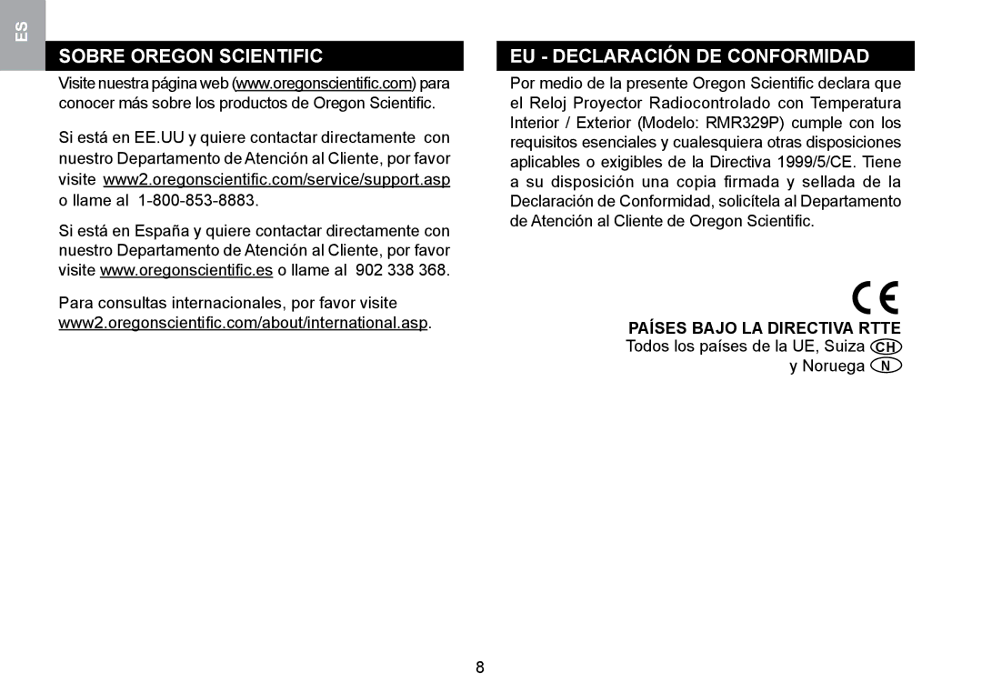 Oregon Scientific RMR329P user manual Sobre Oregon Scientific EU Declaración DE Conformidad, Países Bajo LA Directiva Rtte 