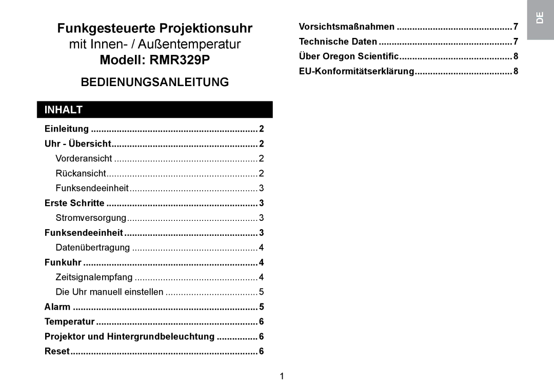 Oregon Scientific RMR329P user manual Inhalt, Funksendeeinheit, Stromversorgung, Datenübertragung 