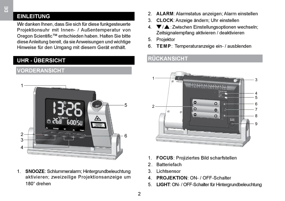 Oregon Scientific RMR329P user manual Einleitung, UHR Übersicht Vorderansicht, Rückansicht 