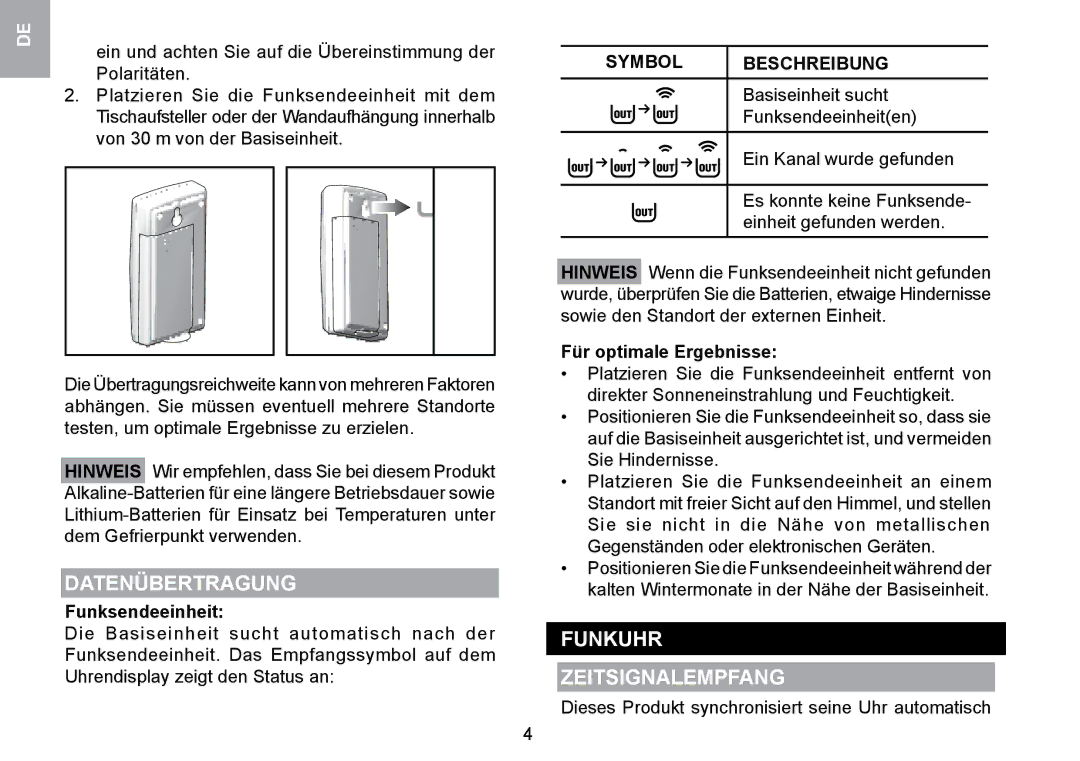 Oregon Scientific RMR329P user manual Datenübertragung, Funkuhr Zeitsignalempfang, Funksendeeinheit, Symbol Beschreibung 