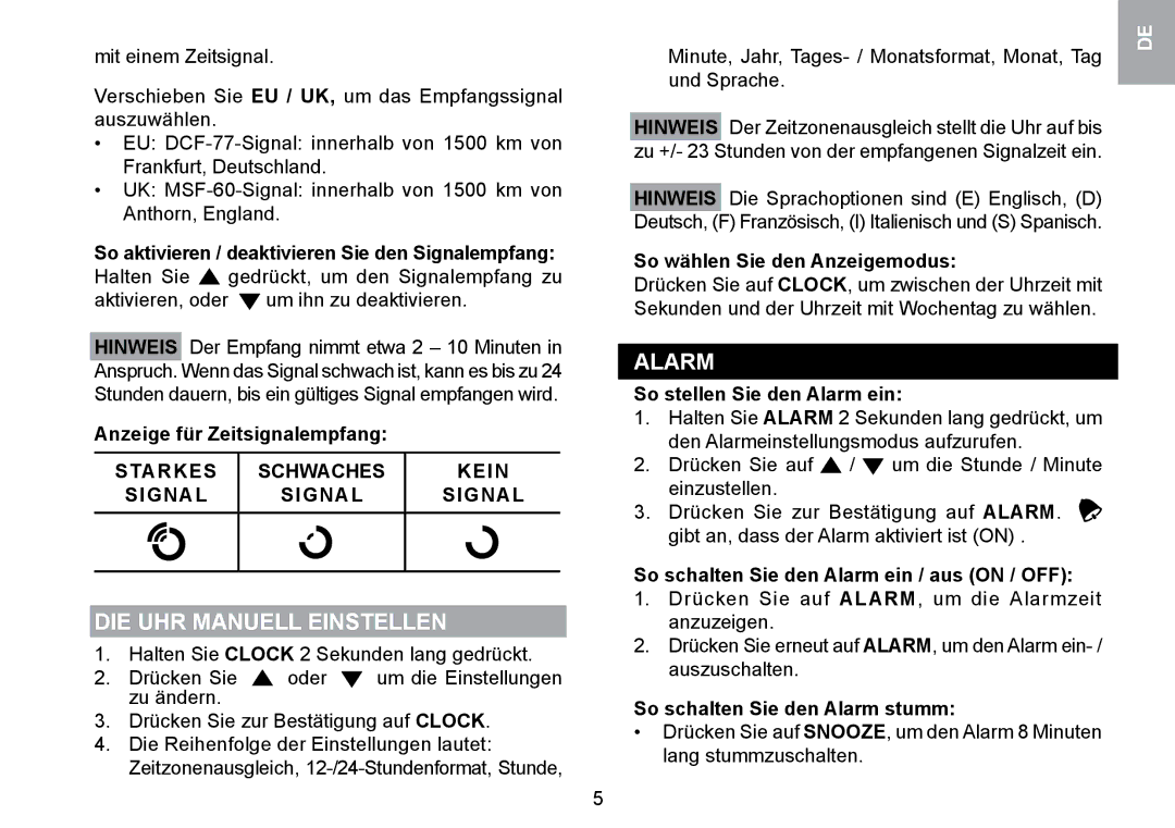 Oregon Scientific RMR329P user manual DIE UHR Manuell Einstellen, Starkes Schwaches Kein Signal Signal Signal 