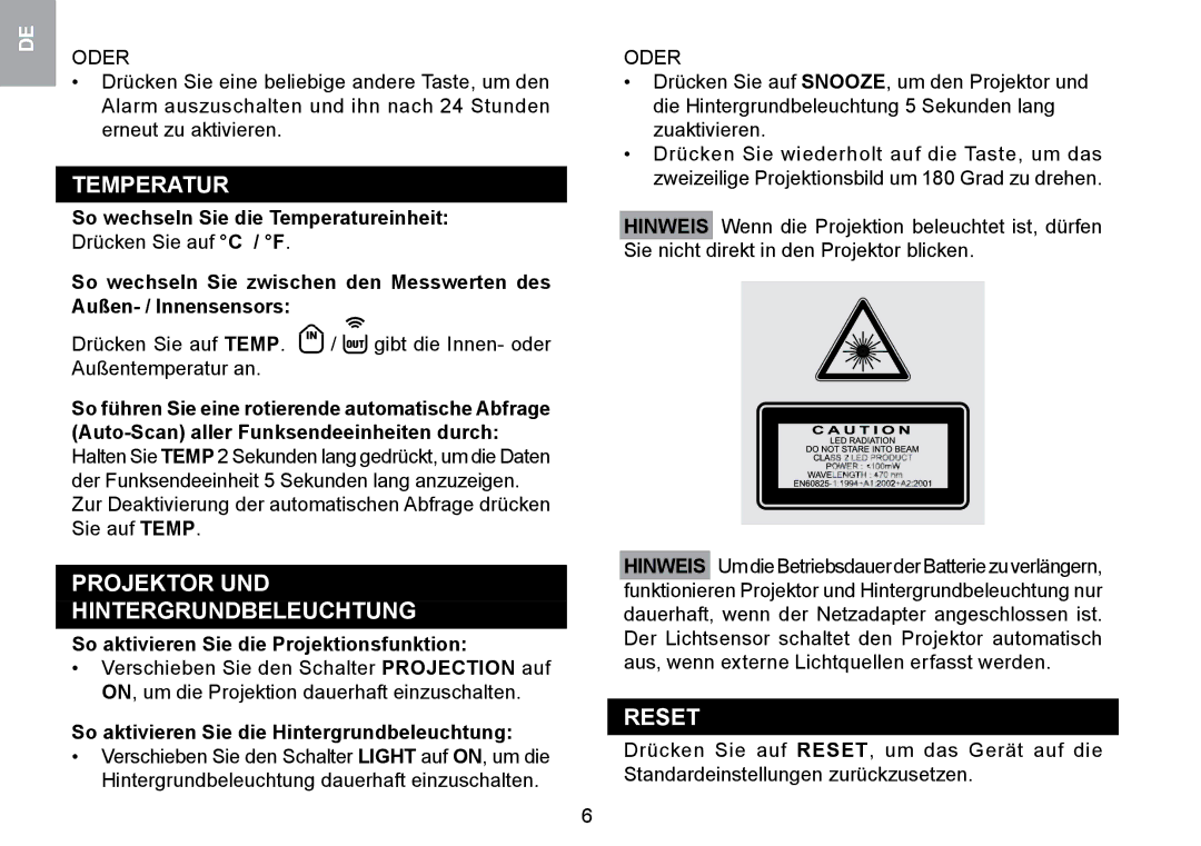 Oregon Scientific RMR329P Temperatur, Projektor UND Hintergrundbeleuchtung, So aktivieren Sie die Projektionsfunktion 