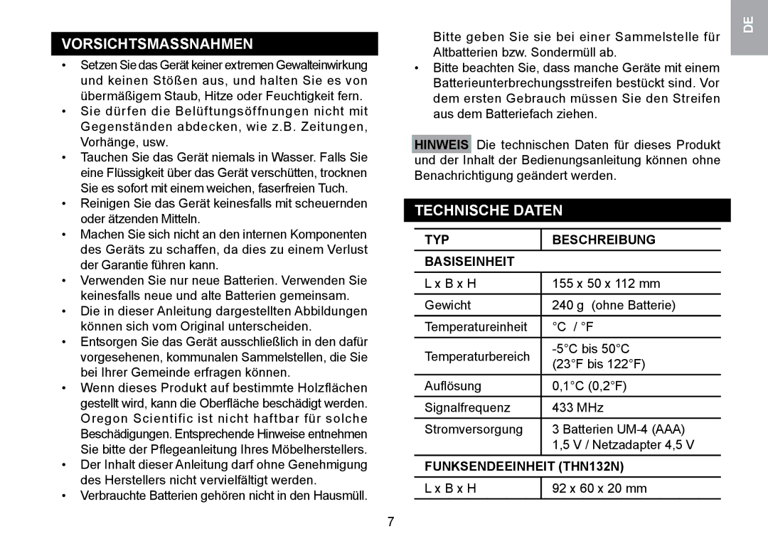 Oregon Scientific RMR329P Vorsichtsmassnahmen, Technische Daten, TYP Beschreibung Basiseinheit, Funksendeeinheit THN132N 