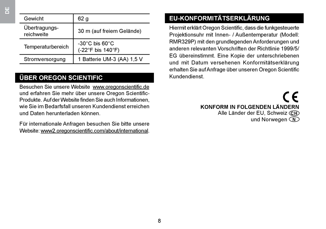 Oregon Scientific RMR329P user manual Eu-Konformitätserklärung, Über Oregon Scientific, Kundendienst, Und Norwegen N 