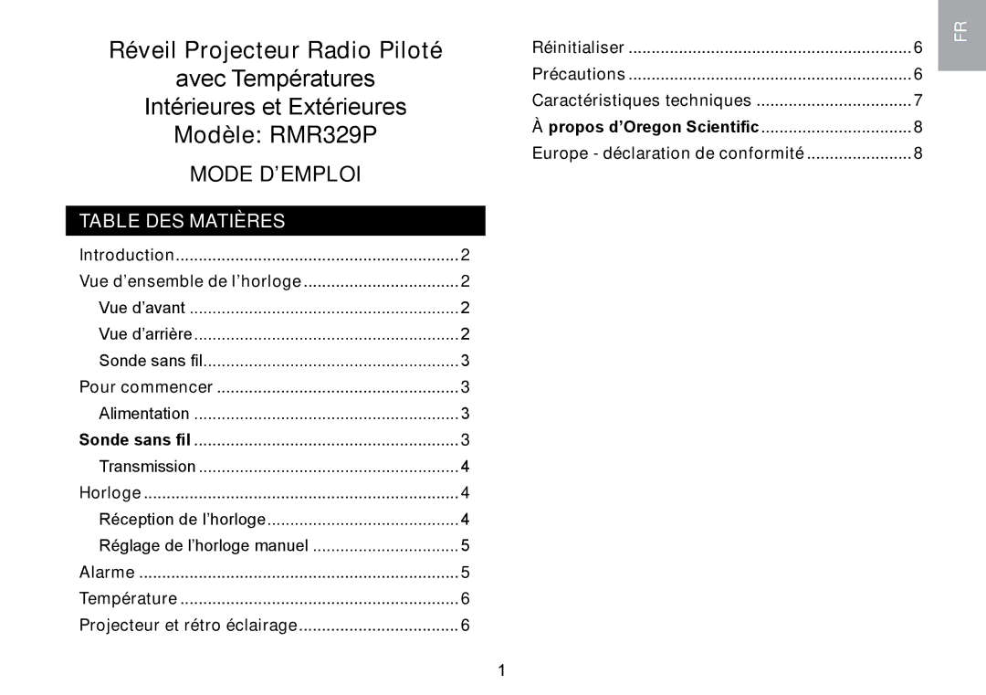 Oregon Scientific RMR329P user manual Table DES Matières, Vue d’arrière, Réception de l’horloge Réglage de l’horloge manuel 