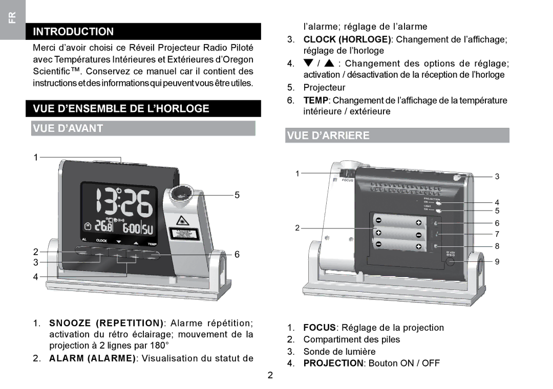 Oregon Scientific RMR329P user manual Vue D’Ensemble De L’Horloge Vue D’Avant, Vue D’Arriere 