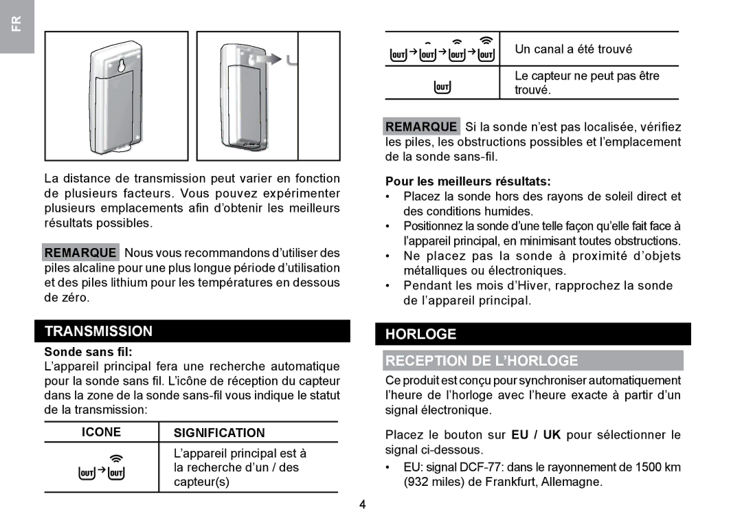 Oregon Scientific RMR329P user manual Transmission, Horloge Reception DE L’HORLOGE, Sonde sans ﬁl, Icone Signification 