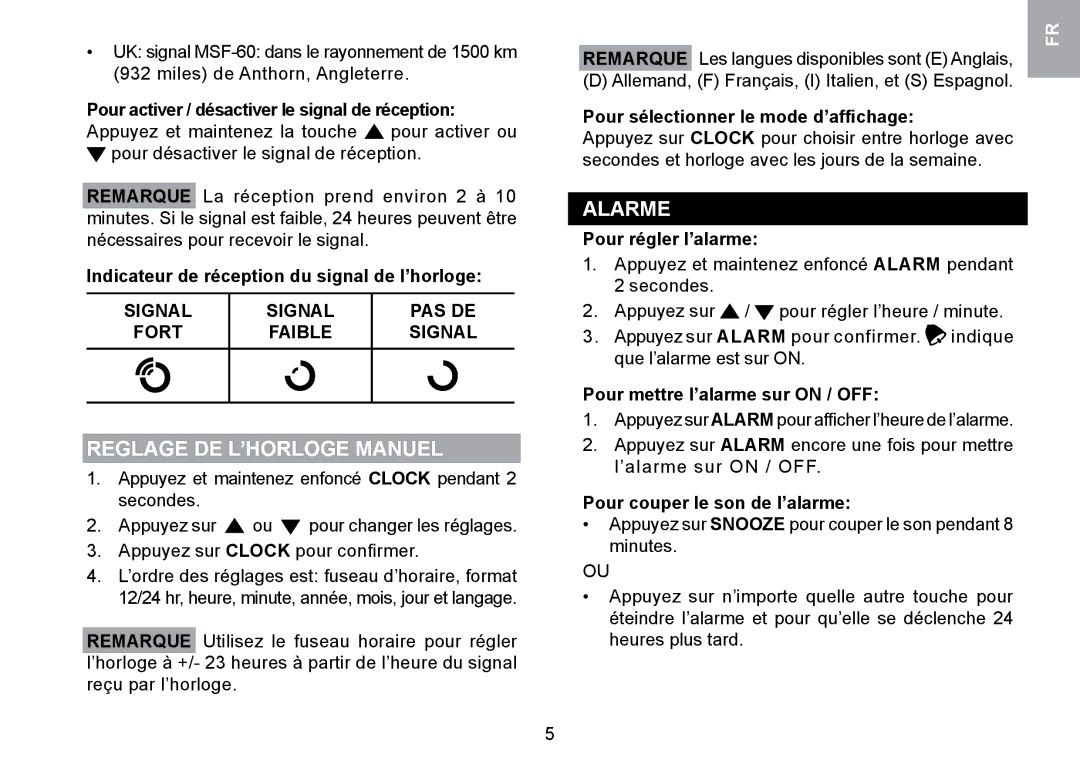 Oregon Scientific RMR329P user manual Reglage DE L’HORLOGE Manuel, Alarme, Signal PAS DE Fort Faible 