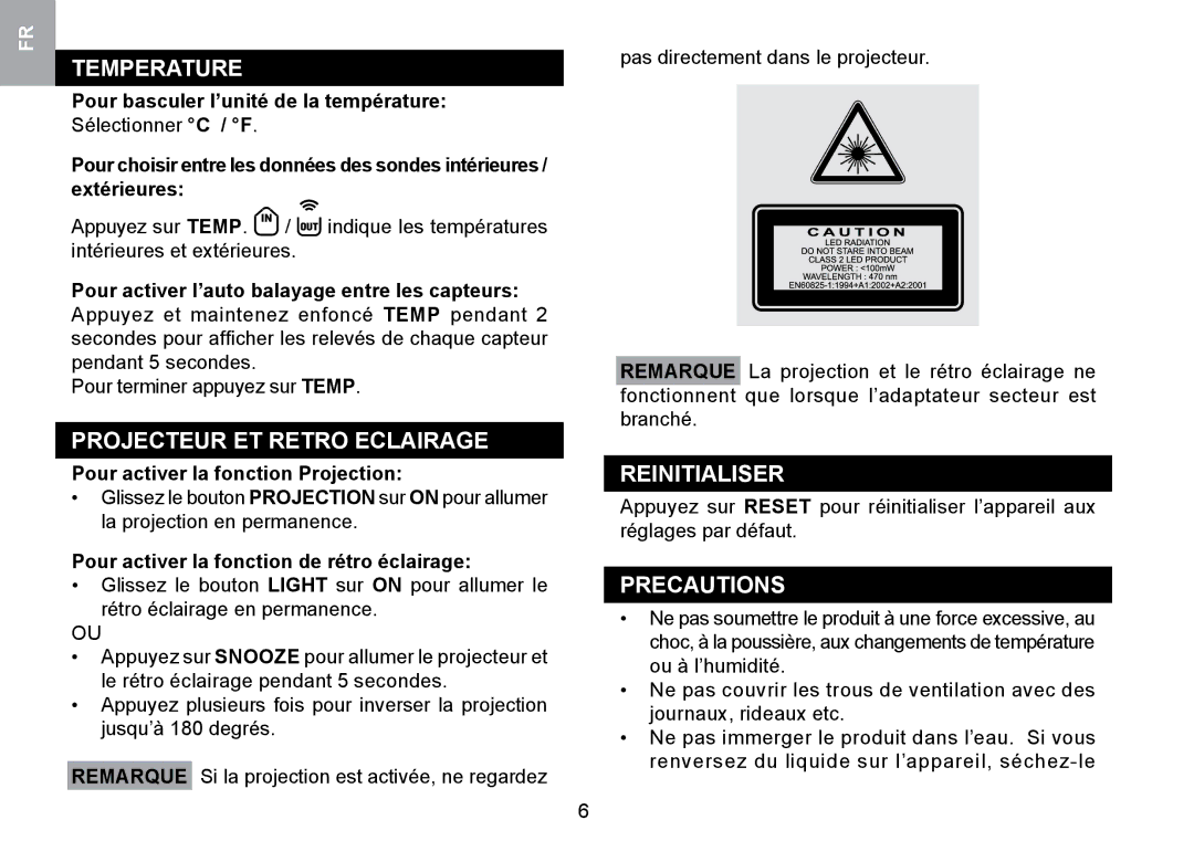 Oregon Scientific RMR329P user manual Projecteur ET Retro Eclairage, Reinitialiser, Pour basculer l’unité de la température 