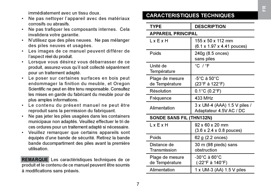 Oregon Scientific RMR329P Caracteristiques Techniques, Type Description Appareil Principal, Sonde Sans FIL THN132N 