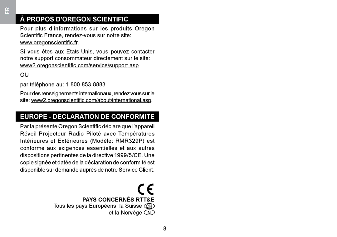 Oregon Scientific RMR329P user manual Propos D’OREGON Scientific, Europe Declaration DE Conformite, Par téléphone au 