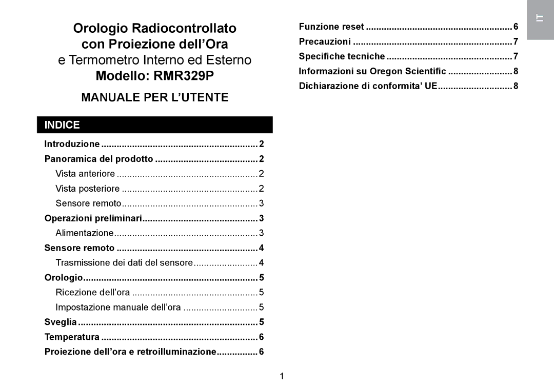 Oregon Scientific RMR329P user manual Indice, Sensore remoto, Trasmissione dei dati del sensore 