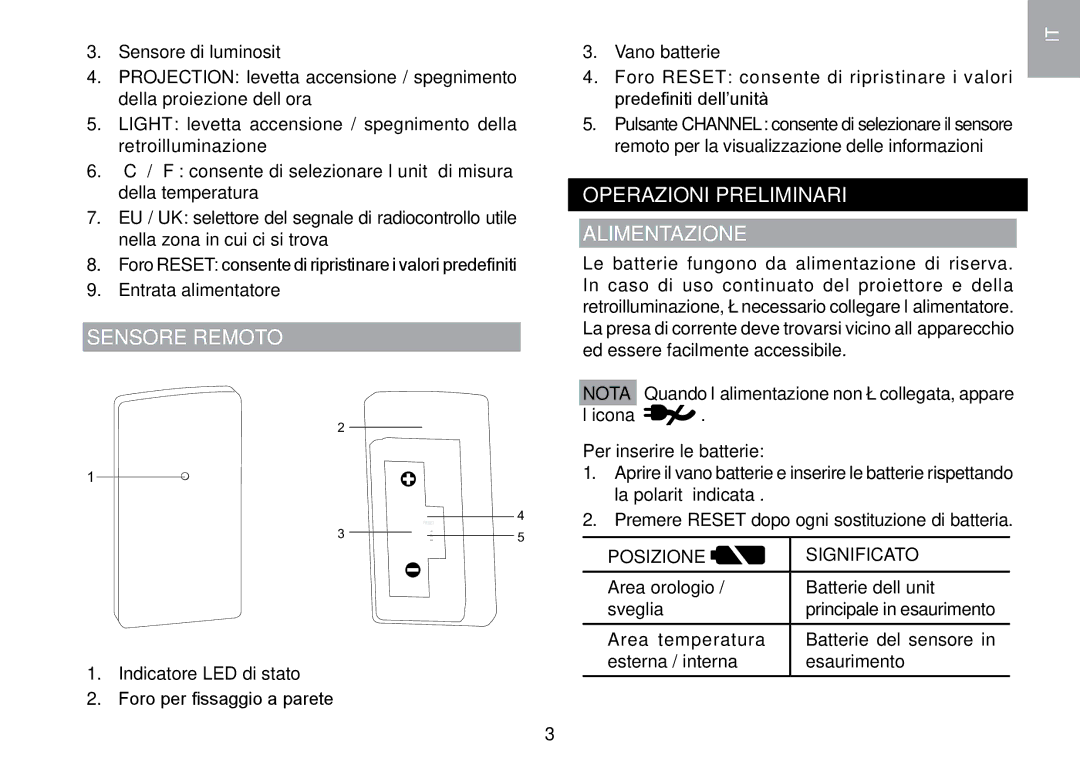 Oregon Scientific RMR329P user manual Sensore Remoto, Operazioni Preliminari Alimentazione, Per inserire le batterie 