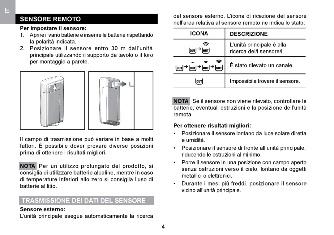 Oregon Scientific RMR329P Trasmissione DEI Dati DEL Sensore, Per impostare il sensore, Sensore esterno, Icona Descrizione 