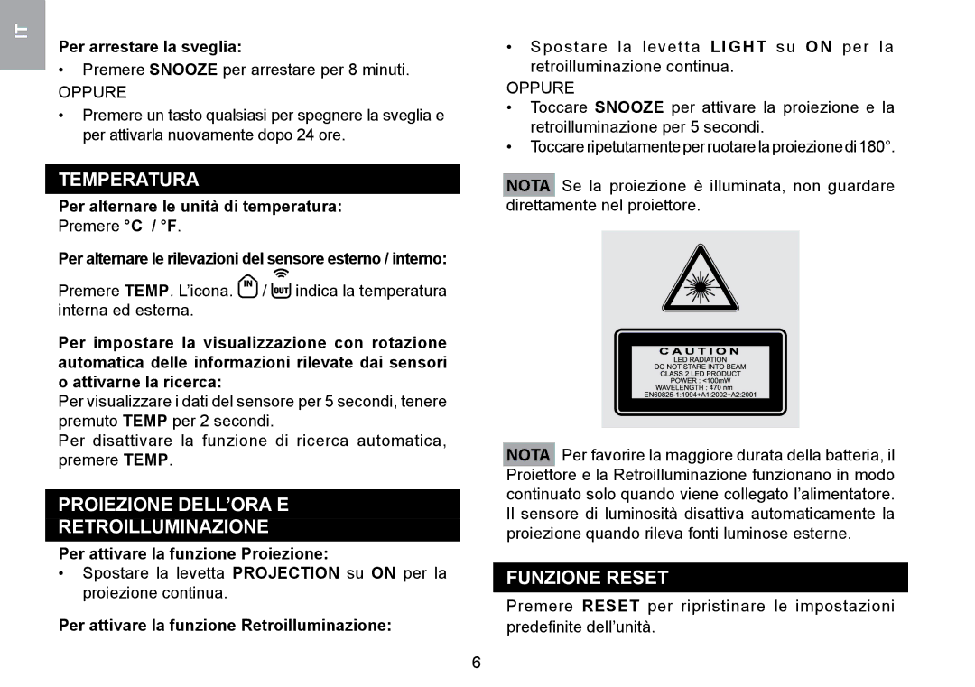 Oregon Scientific RMR329P user manual Proiezione DELL’ORA E Retroilluminazione, Funzione Reset 