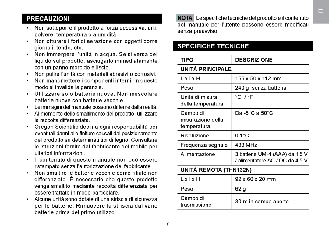 Oregon Scientific RMR329P Precauzioni, Specifiche Tecniche, Tipo Descrizione Unità Principale, Alimentatore AC / DC da 4,5 