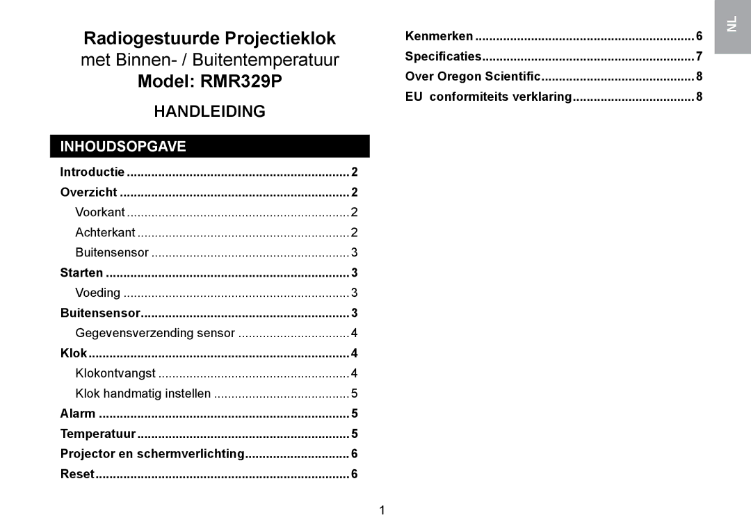 Oregon Scientific RMR329P user manual Inhoudsopgave, Gegevensverzending sensor, Klokontvangst Klok handmatig instellen 