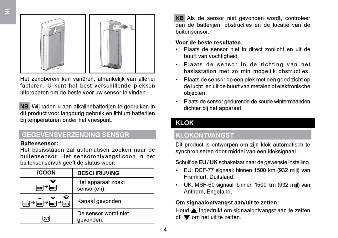 Oregon Scientific RMR329P user manual Gegevensverzending Sensor, Klok Klokontvangst, Icoon Beschrijving 