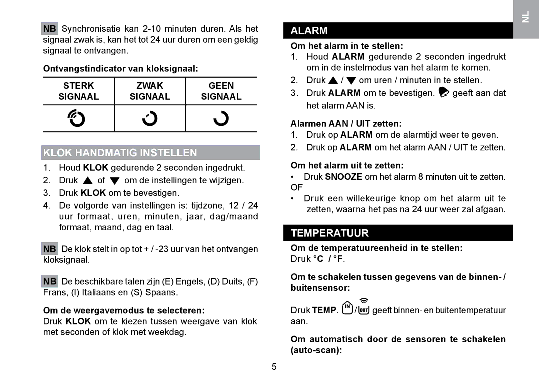 Oregon Scientific RMR329P user manual Klok Handmatig Instellen, Temperatuur, Sterk Zwak Geen Signaal Signaal Signaal 