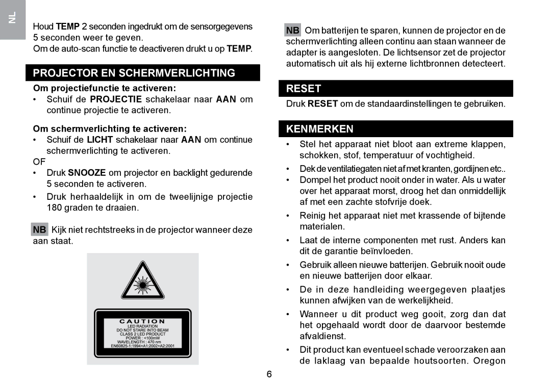 Oregon Scientific RMR329P user manual Projector EN Schermverlichting, Kenmerken, Om projectiefunctie te activeren 