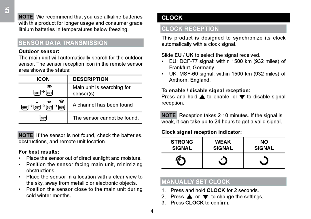 Oregon Scientific RMR329P user manual Sensor Data Transmission, Clock Clock Reception, Manually SET Clock, Icon Description 