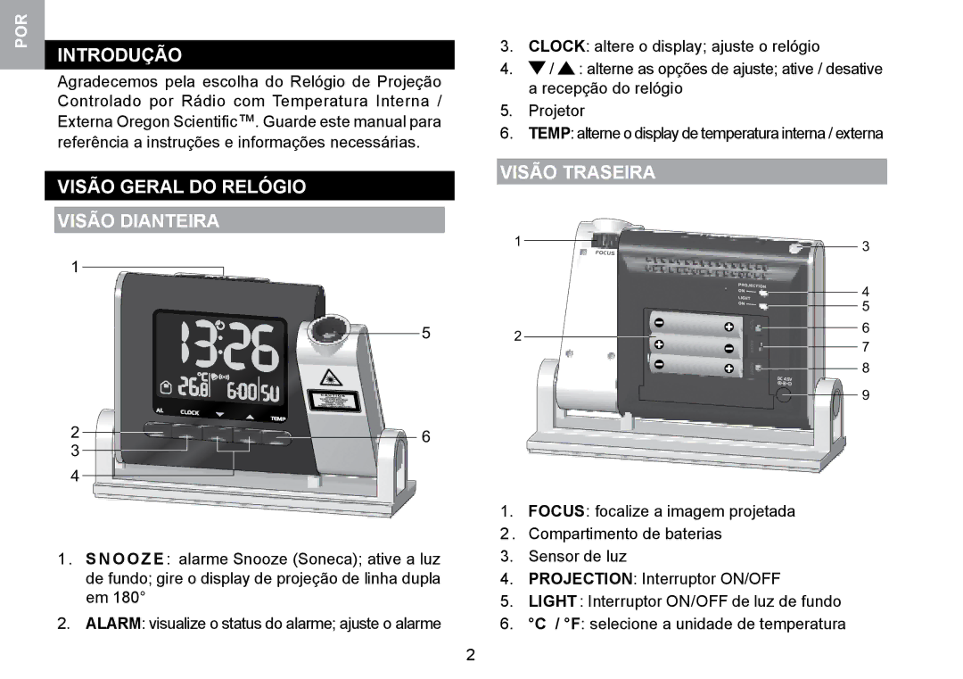 Oregon Scientific RMR329P user manual Introdução, Visão Geral do Relógio Visão Dianteira, Visão Traseira 