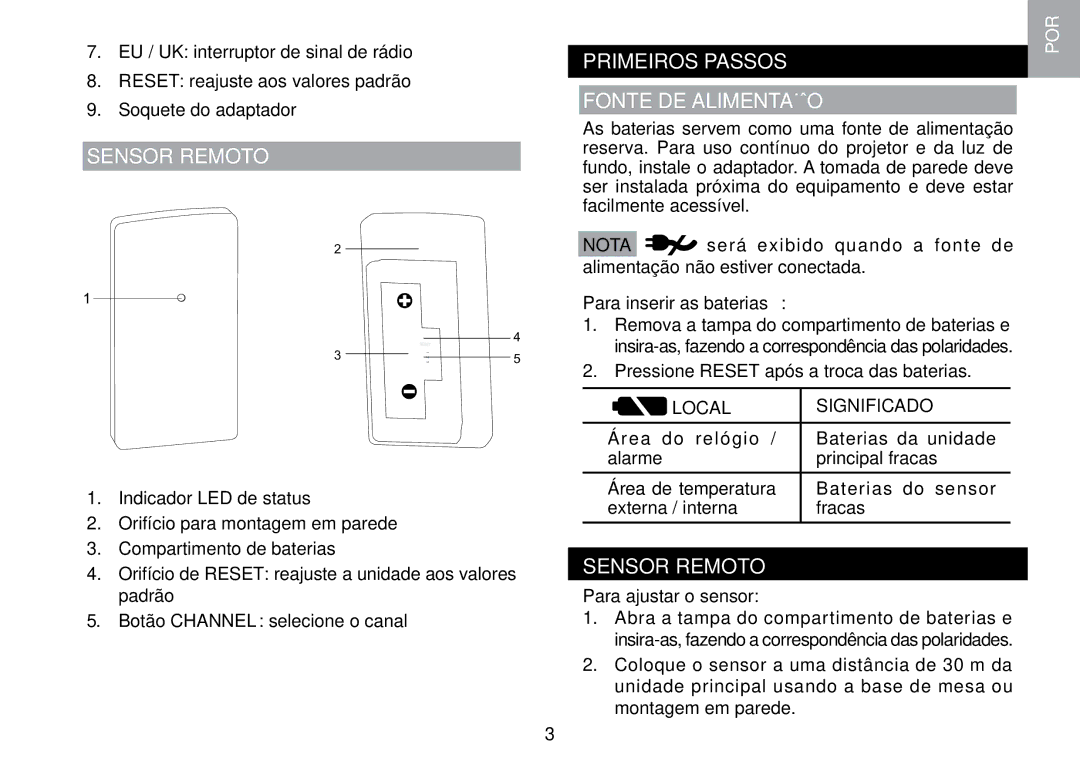 Oregon Scientific RMR329P user manual Primeiros Passos Fonte DE Alimentação, Para inserir as baterias, Local Significado 