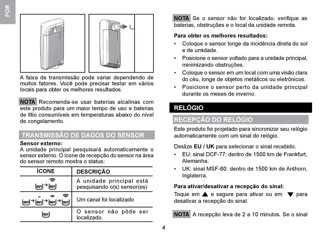 Oregon Scientific RMR329P user manual Transmissão DE Dados do Sensor, Relógio Recepção do Relógio, Ícone Descrição 